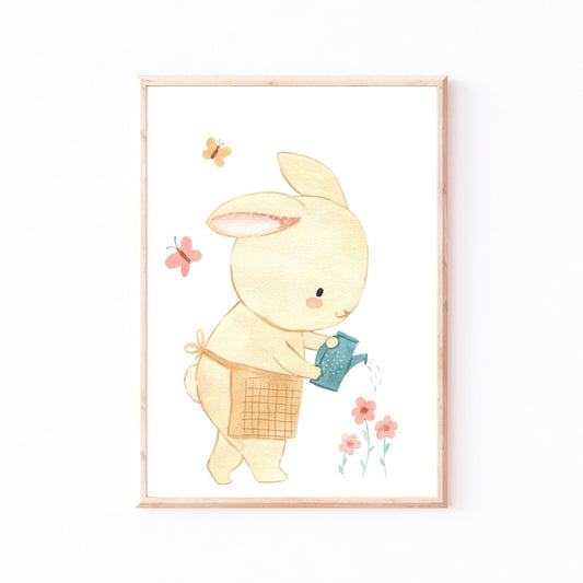 Poster Hase im Garten A4 & A3: Aquarell Hase gießt Blumen. Perfekt als fröhliche Kinderzimmerdeko oder Geschenk, auf hochwertigem Naturpapier gedruckt.
