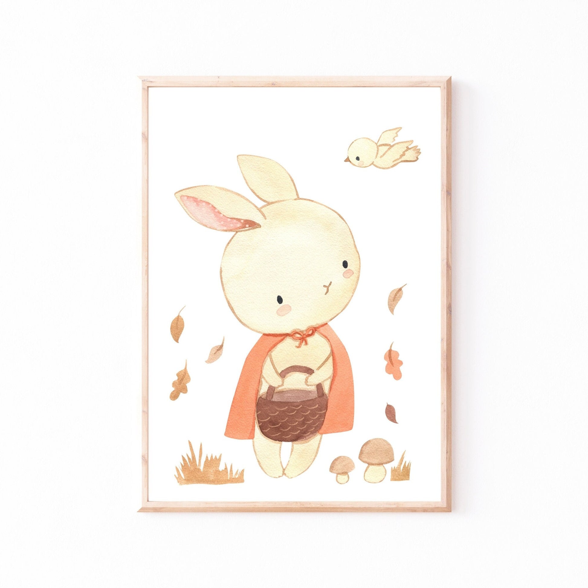 Poster Hase Rotkäppchen in A4 & A3: Aquarell Hase mit Korb und rotem Umhang im Herbst, ideal für Kinderzimmer. Gerahmt
