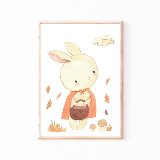Poster Hase Rotkäppchen in A4 & A3: Aquarell Hase mit Korb und rotem Umhang im Herbst, ideal für Kinderzimmer. Gerahmt