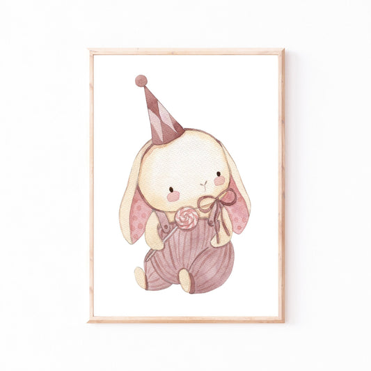 Poster Häschen A4 & A3: Ein handgemalter Aquarell Hase, ideal für das Kinderzimmer. Gedruckt auf hochwertigem, mattem 300g Naturpapier.