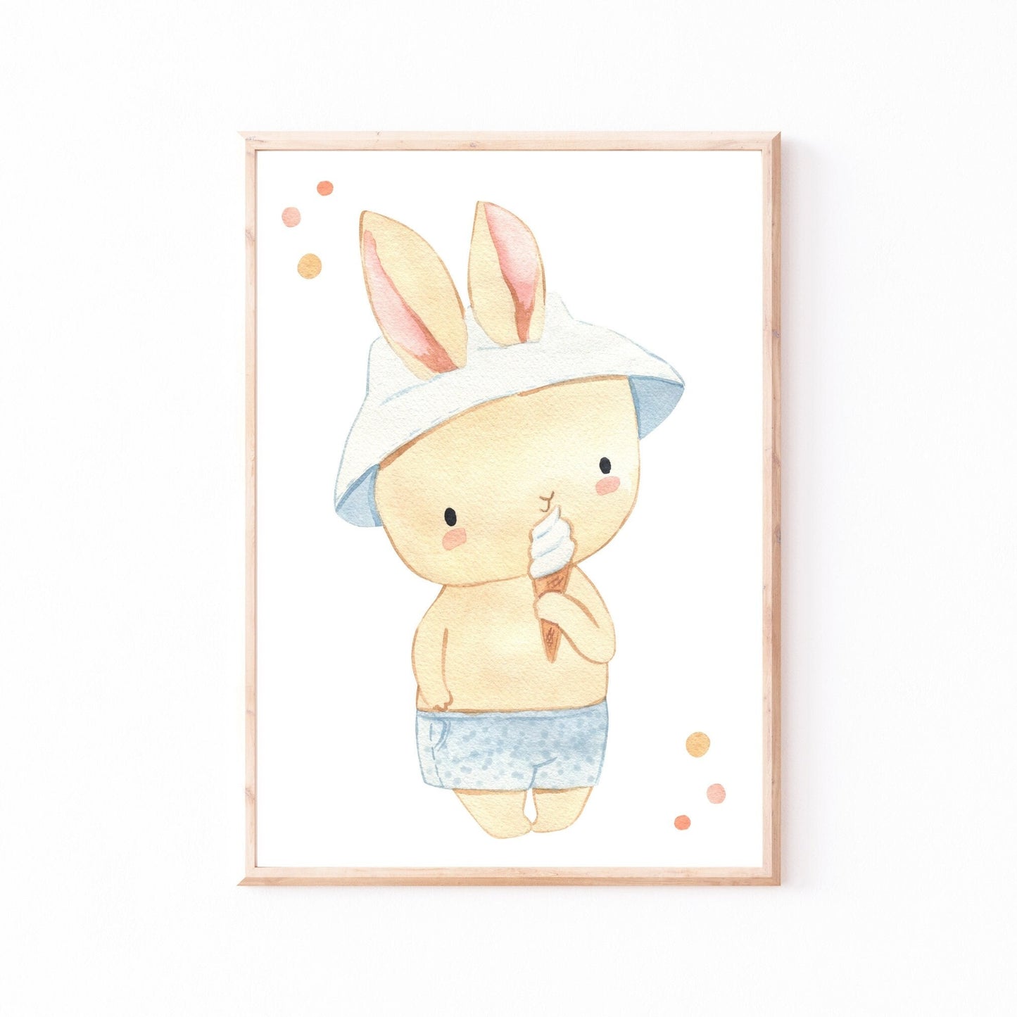 Poster Hase mit Eis A4 & A3 Aquarellillustration: Hasen mit Hut, der ein Eis hält, ideal als Kinderzimmerdeko oder als Geschenk. Gerahmt