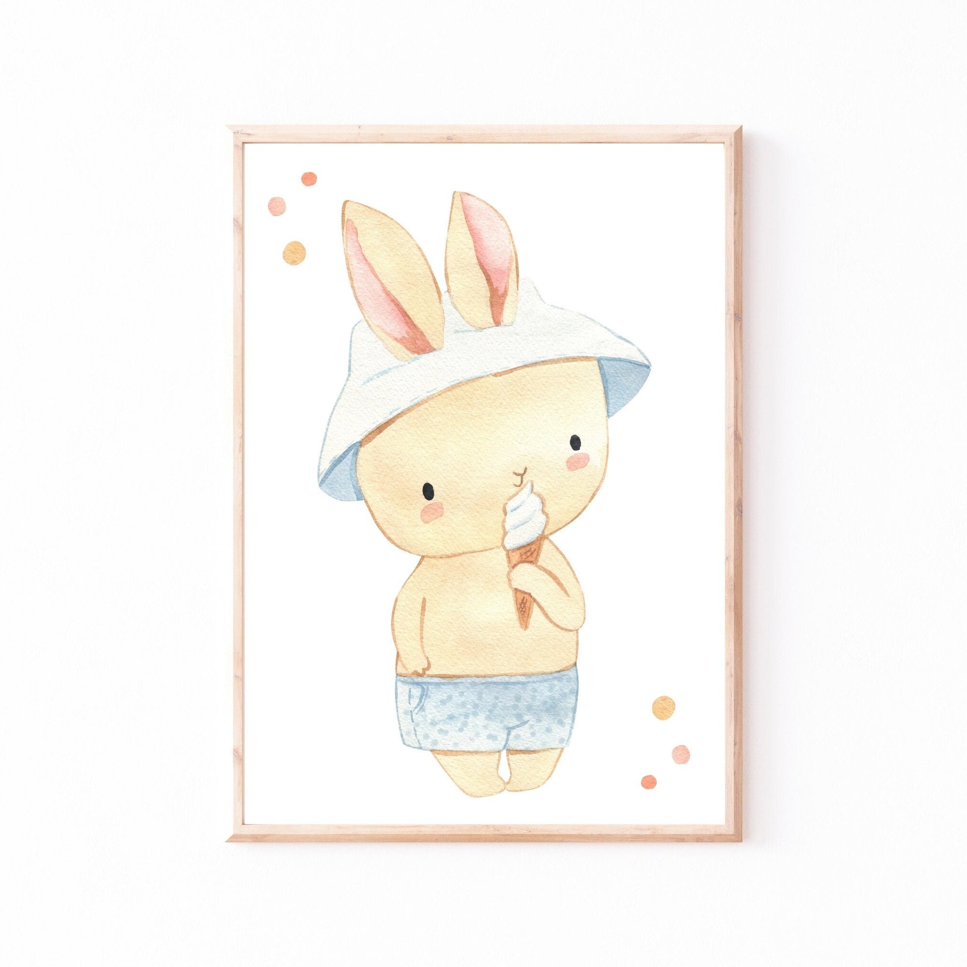 Poster Hase mit Eis A4 & A3 Aquarellillustration: Hasen mit Hut, der ein Eis hält, ideal als Kinderzimmerdeko oder als Geschenk. Gerahmt
