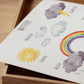Poster Wetter A4 & A3 Lernposter: Illustration eines Bären, Regenbogen, Wolken und Sonne, ideal als lehrreiche Kinderzimmerdeko, gedruckt auf hochwertigem Naturpapier.