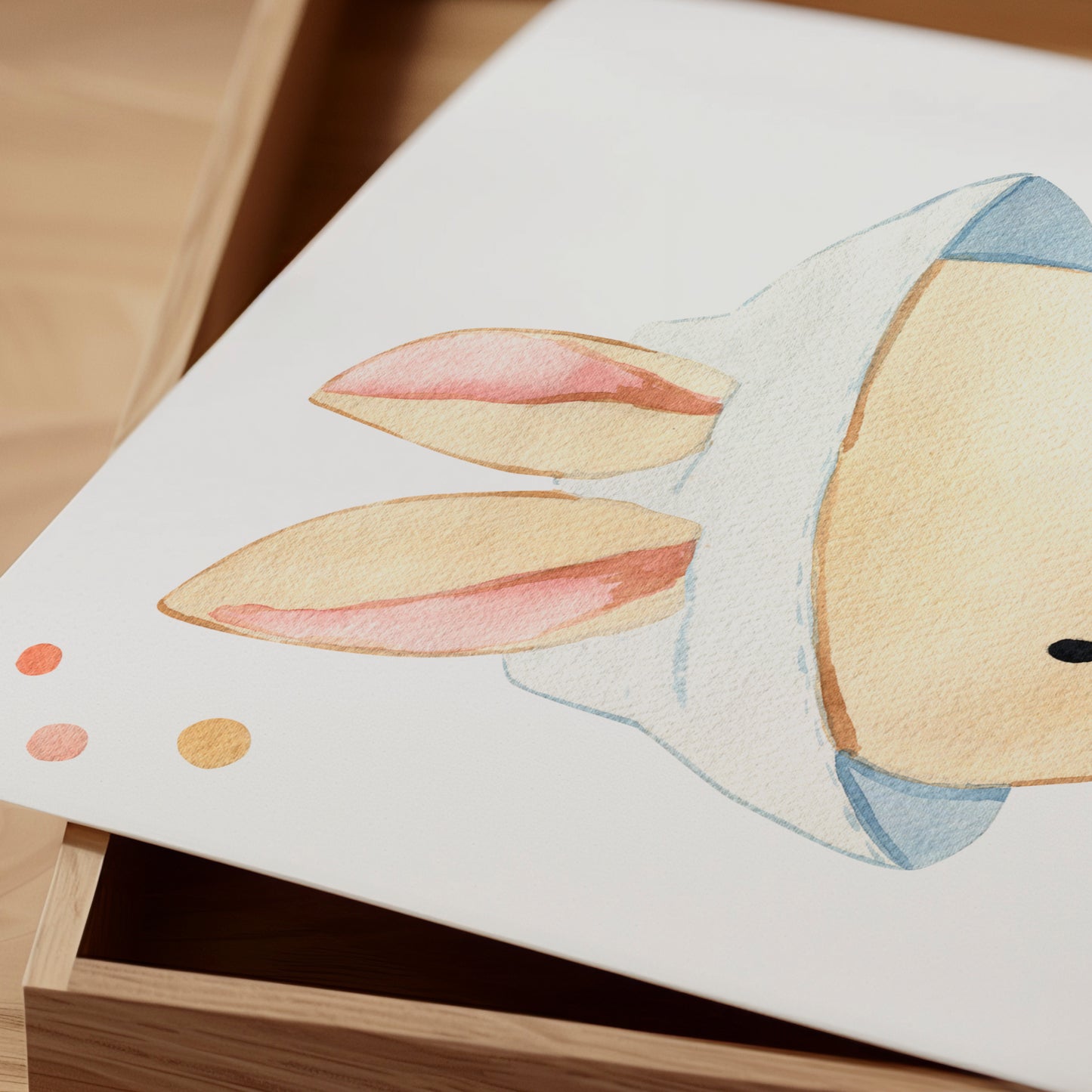 Poster Hase mit Eis in Größen A4 und A3, ideal für Kinderzimmerdeko. Gedruckt auf hochwertigem, stabilem 300g Naturpapier, ohne Rahmen geliefert.