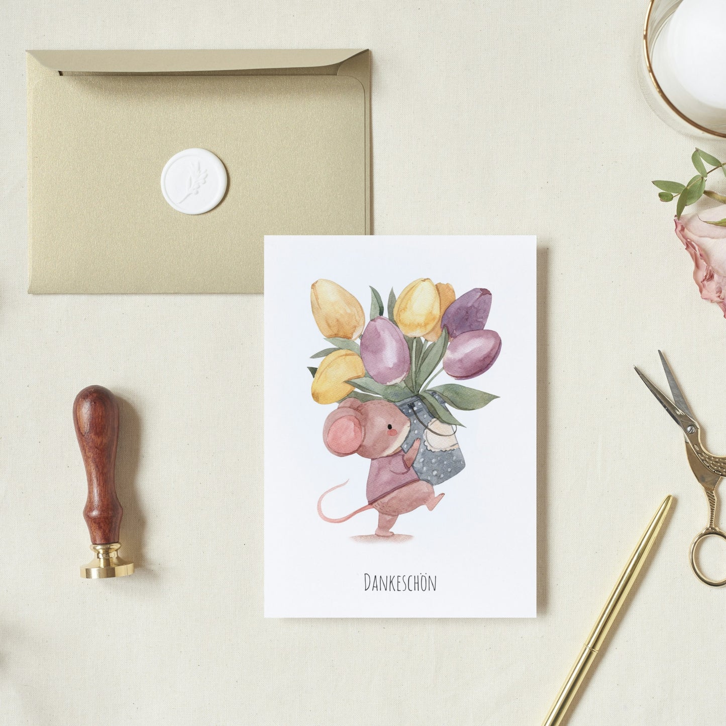 Klappkarte Dankeschön – Maus mit Tulpen