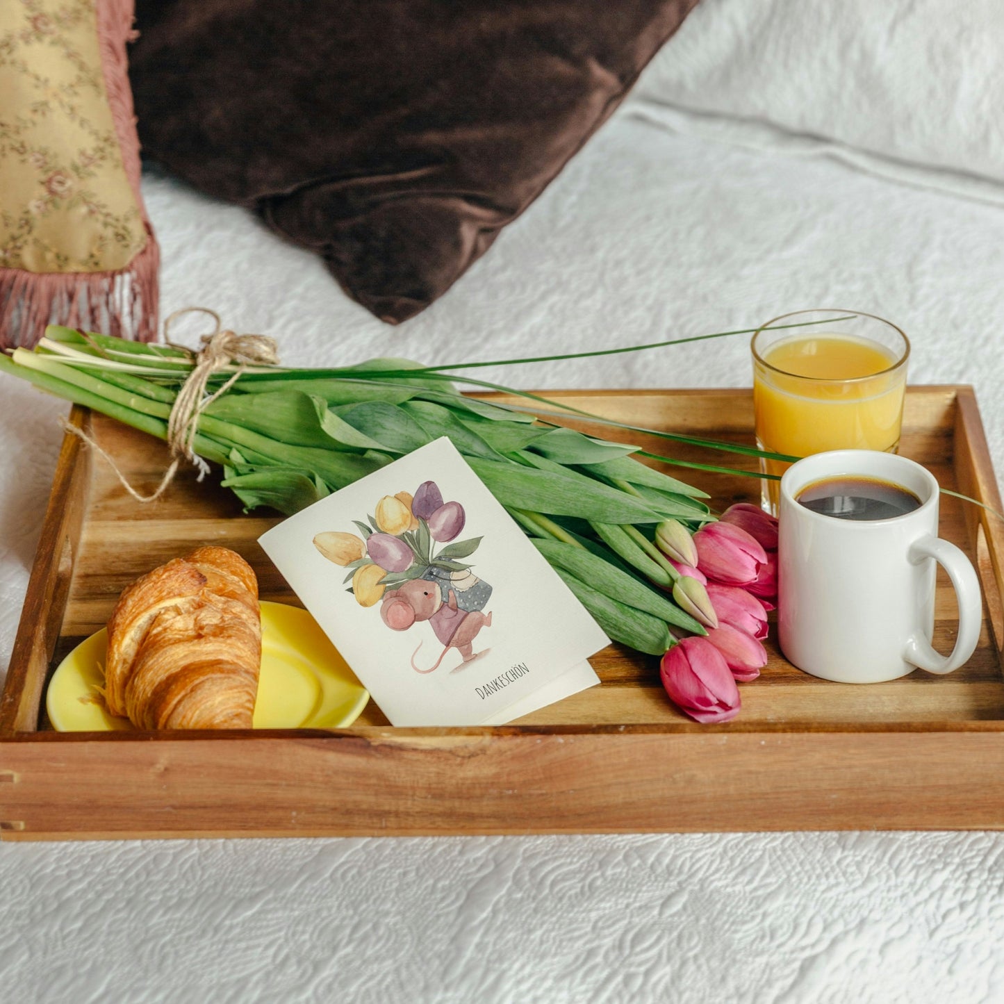 Klappkarte Dankeschön – Maus mit Tulpen