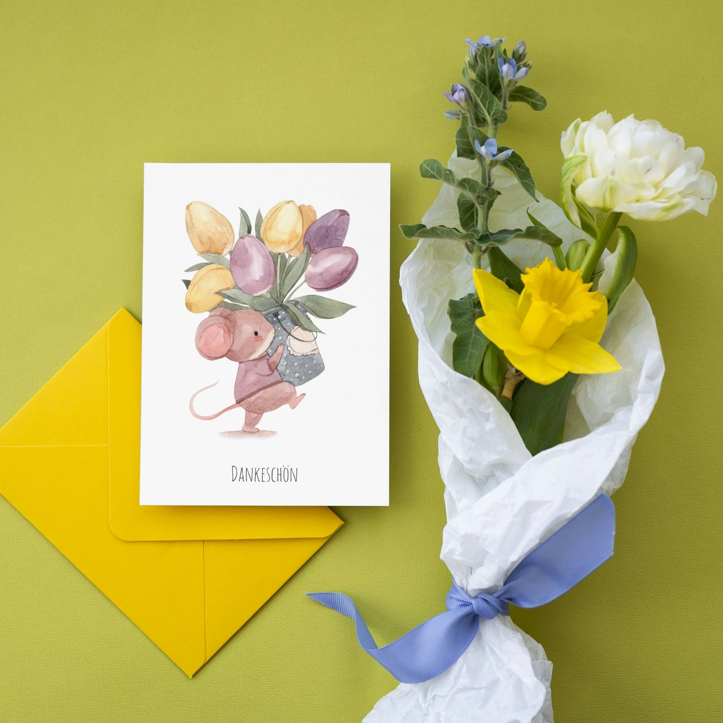 Klappkarte Dankeschön – Maus mit Tulpen