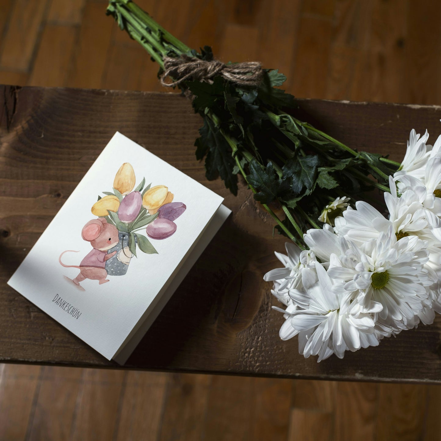 Klappkarte Dankeschön – Maus mit Tulpen