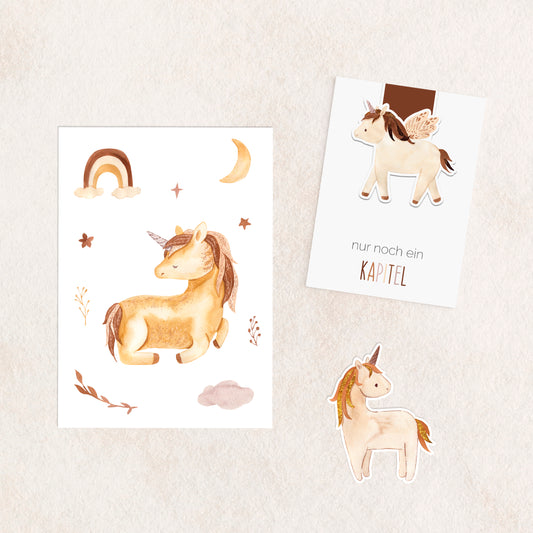 Geschenk-Set mit Einhorn-Grußkarte und Lesezeichen und Einhornsticker
