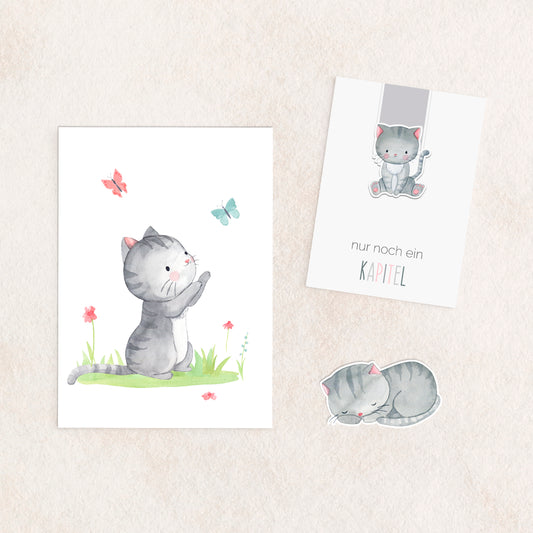 Katze Geschenkset – Karte, Lesezeichen & Sticker