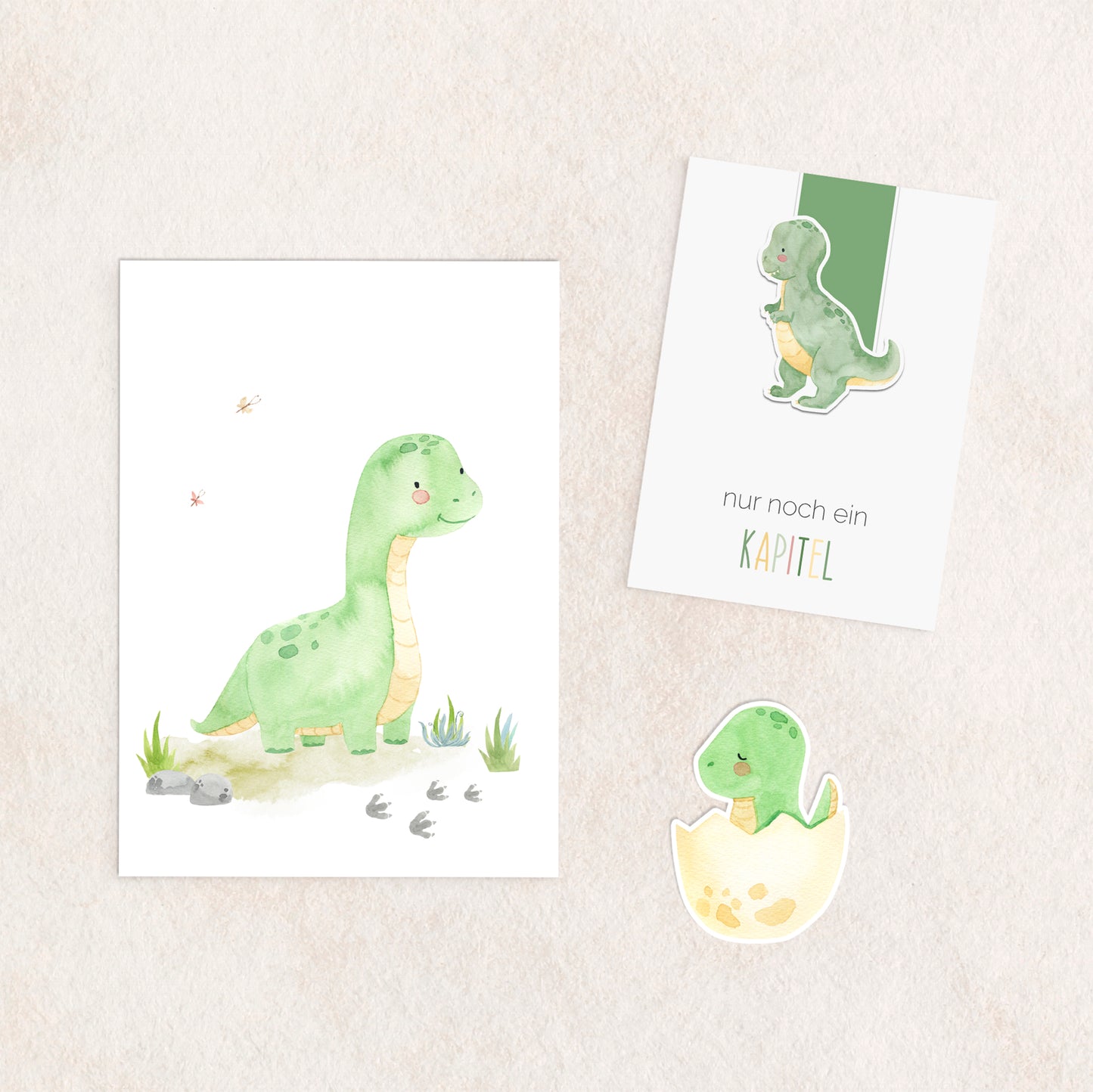 Dino Geschenkset – Karte, Lesezeichen & Sticker