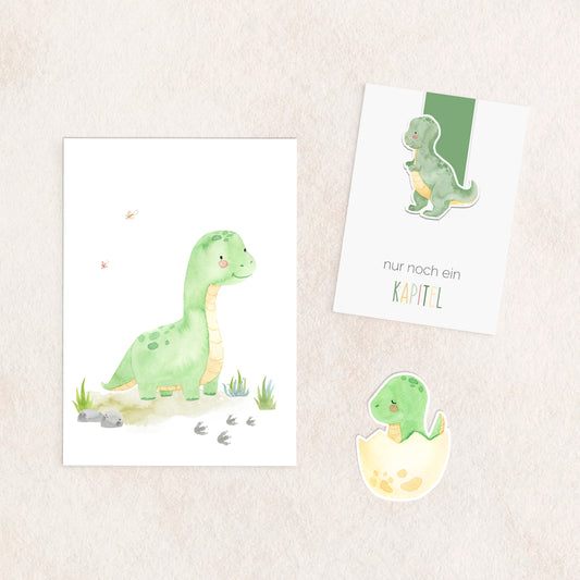 Dino Geschenkset – Karte, Lesezeichen & Sticker