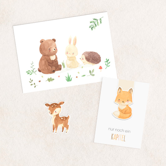 Waldtiere Geschenkset – Karte, Lesezeichen & Aufkleber