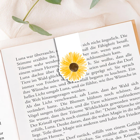 Magnetisches Lesezeichen Sonnenblume, handgemalt, aus hochwertigem Papier mit Vinylschutz, 6 x 3,5 cm, mit Magneten innen für sicheres Halten an Buchseiten.