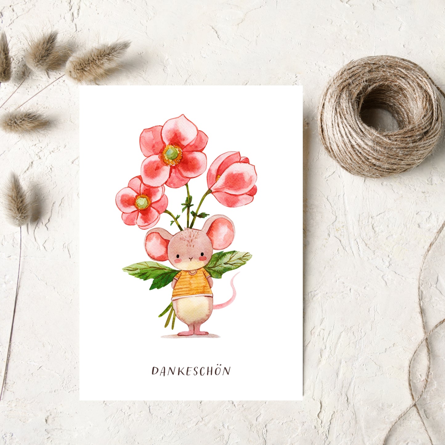 Kleine Dankeskarten mit Maus und Blumen – 10er Set