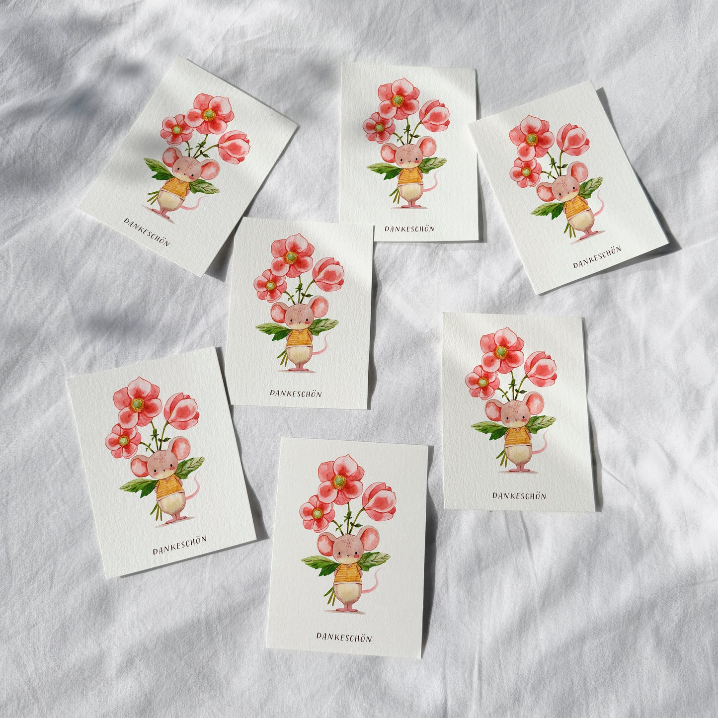 Kleine Dankeskarten mit Maus und Blumen – 10er Set