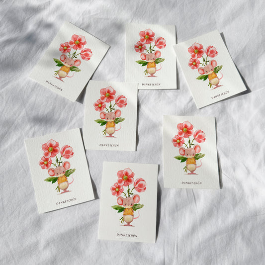 Kleine Dankeskarten mit Maus und Blumen – 10er Set