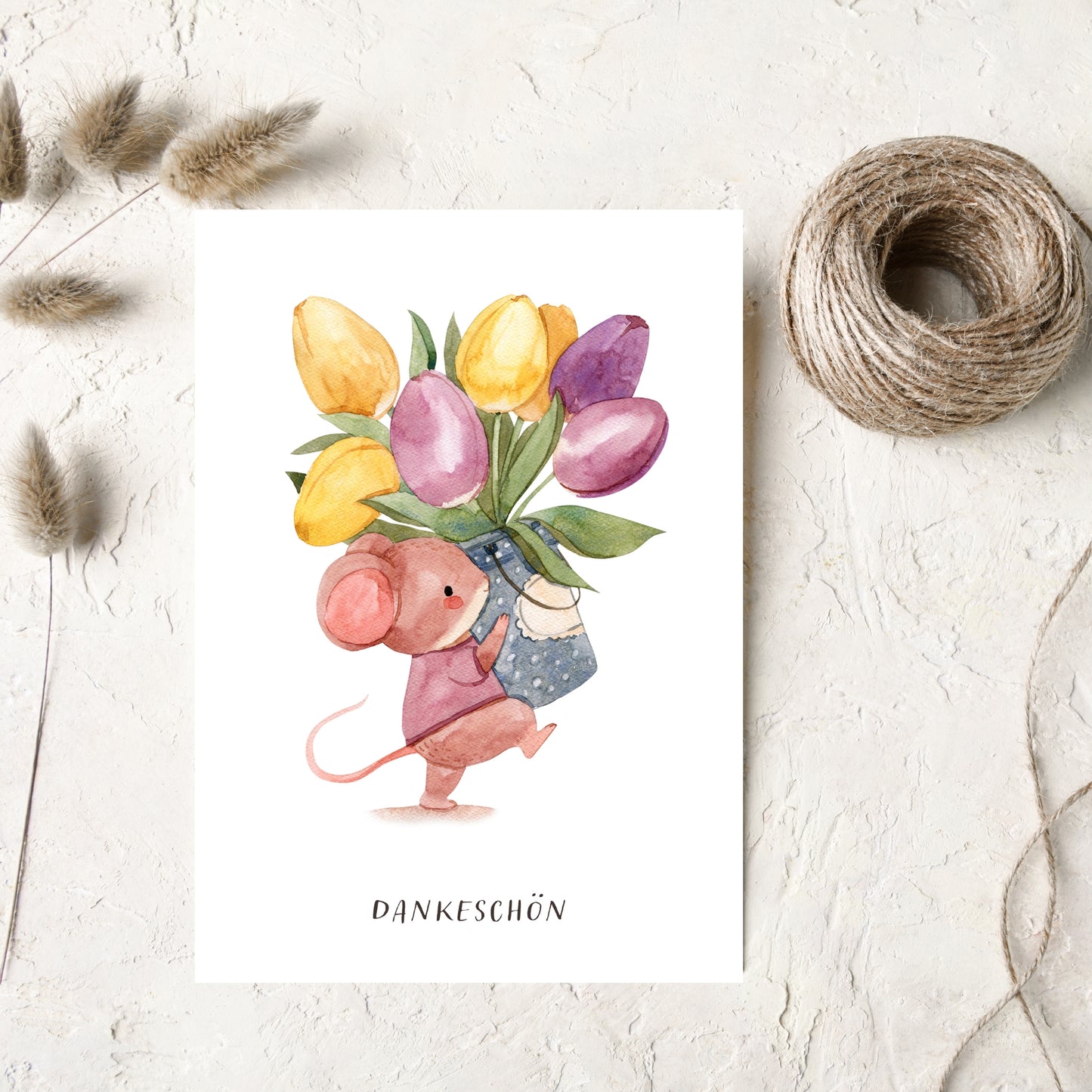 Kleine Dankeskarten mit Maus und Tulpen – 10er Set