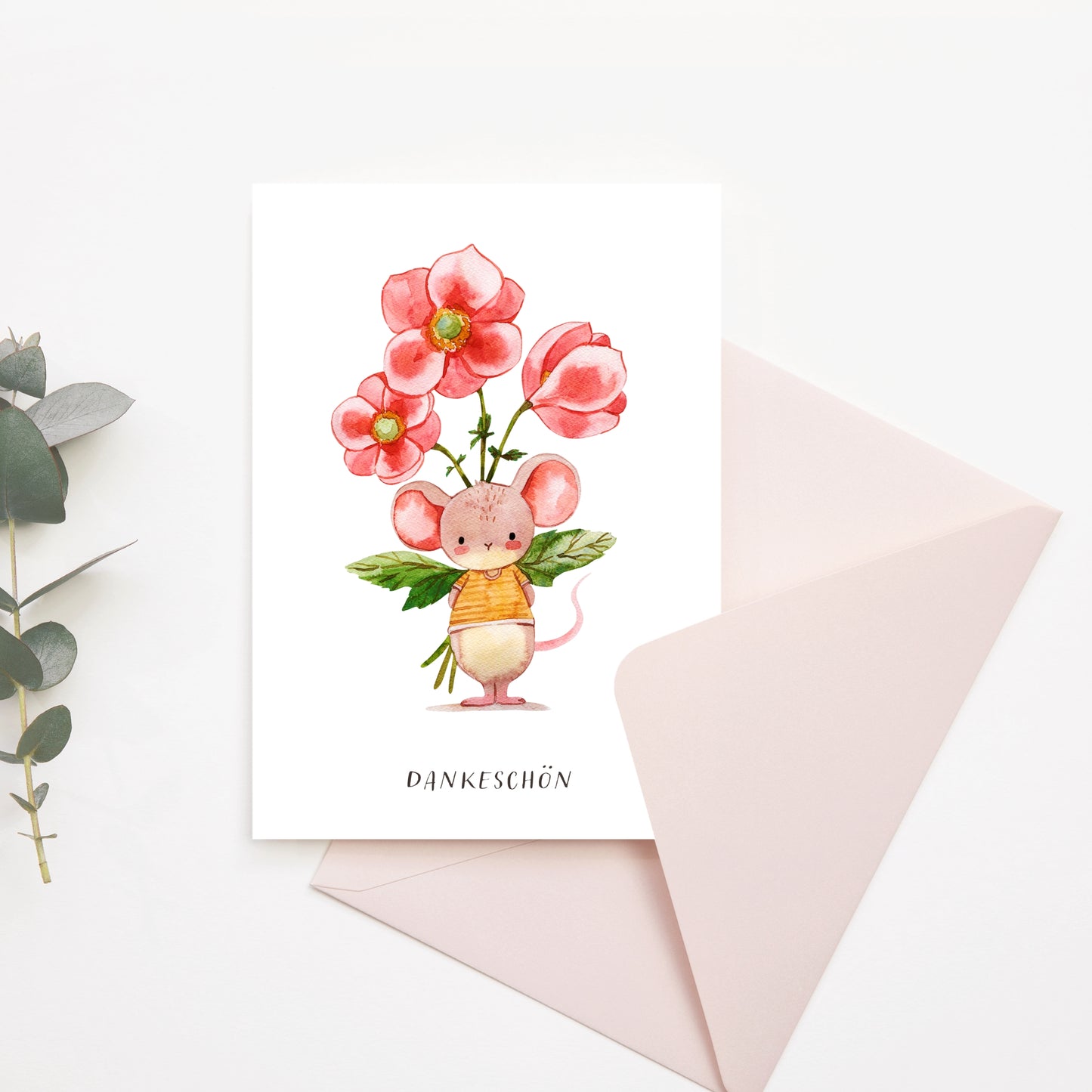 Kleine Dankeskarten mit Maus und Blumen – 10er Set