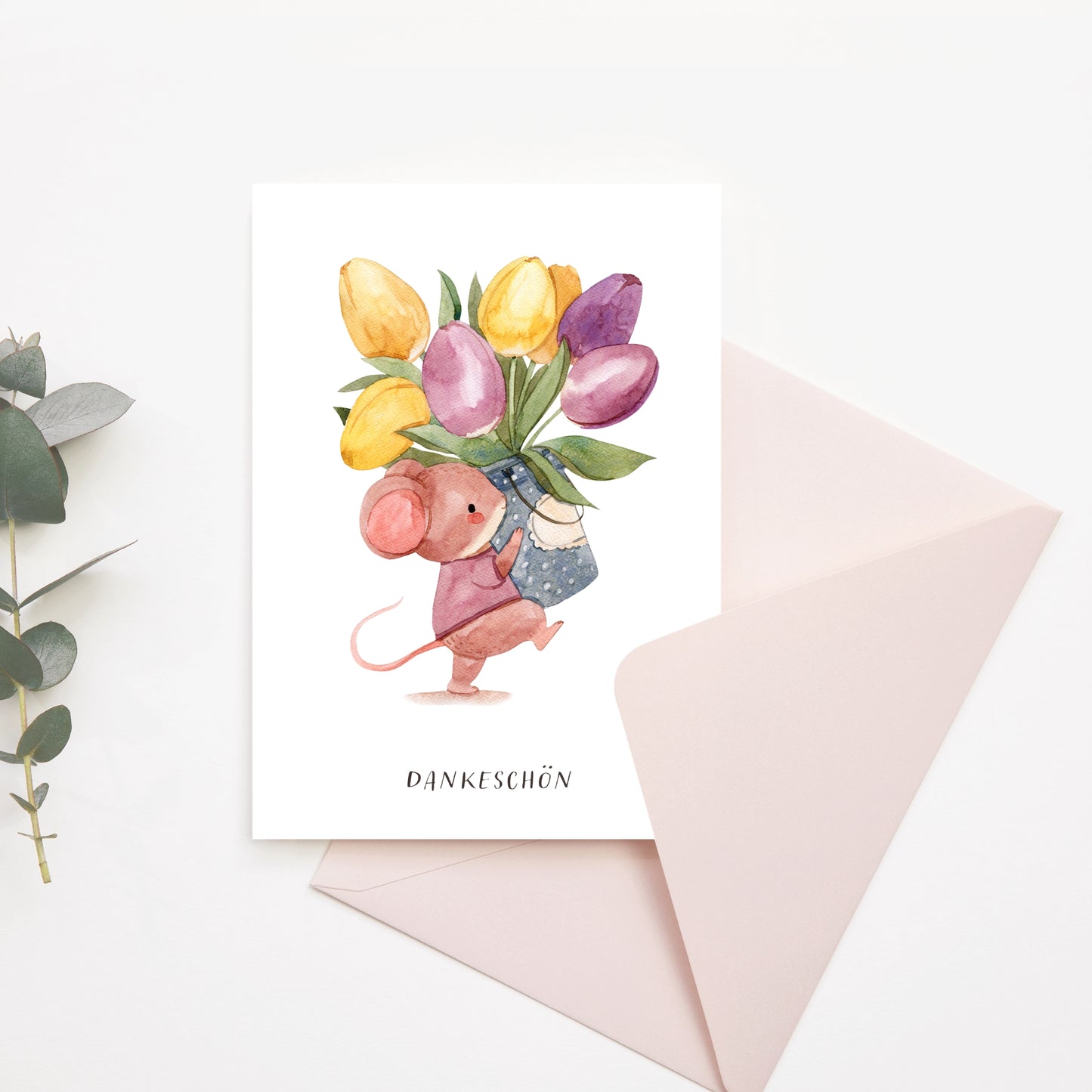 Kleine Dankeskarten mit Maus und Tulpen – 10er Set