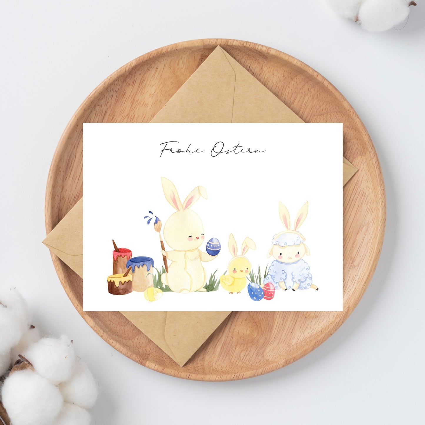 Osterkarte Hase, Küken & Lamm
