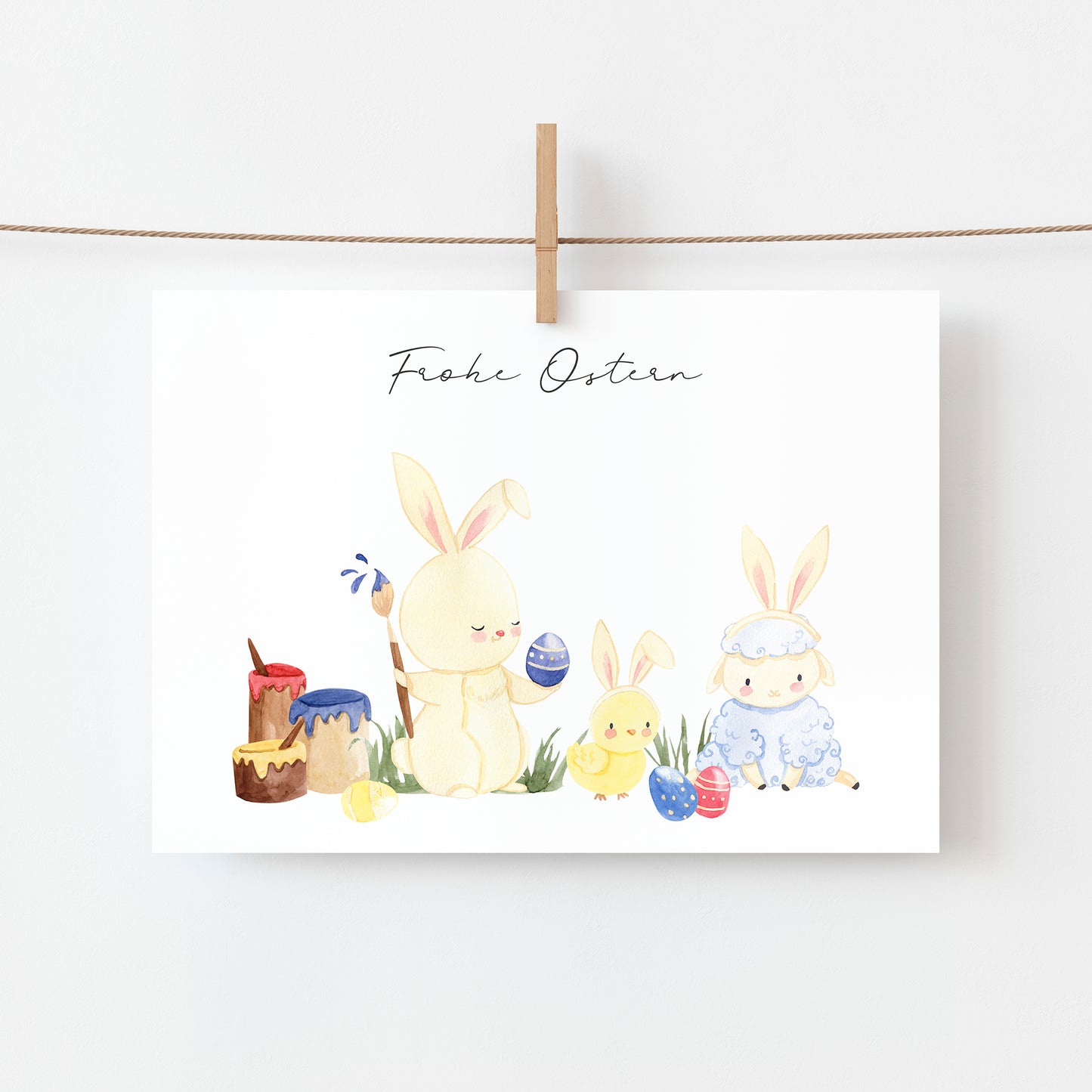 Osterkarte Hase, Küken & Lamm