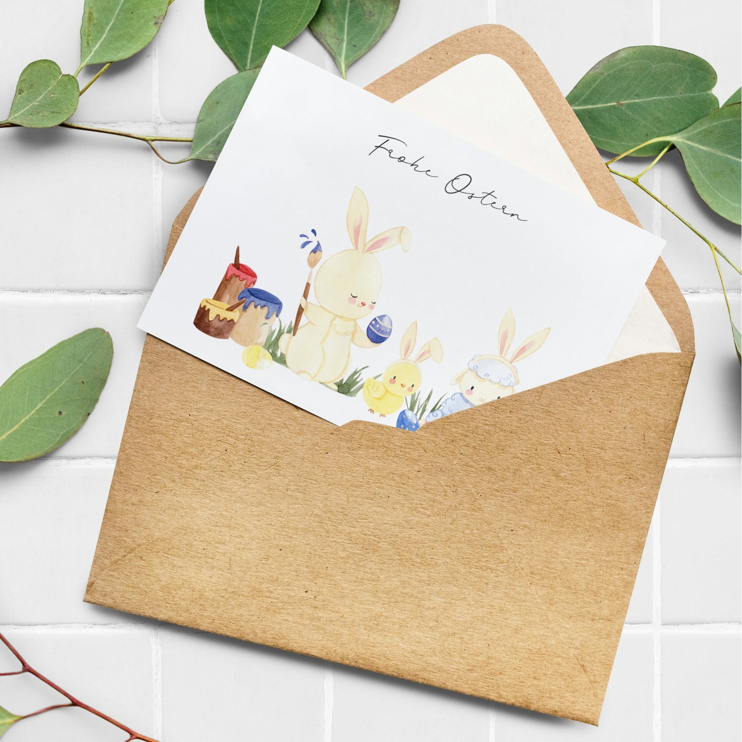 Osterkarte Hase, Küken & Lamm