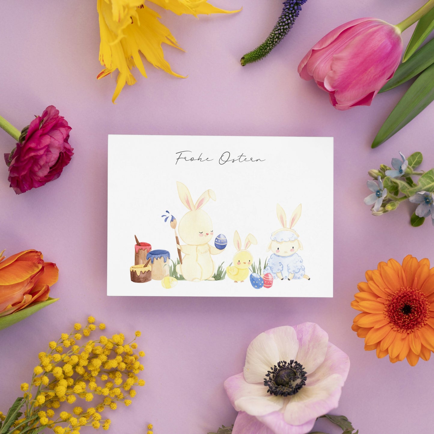 Osterkarte Hase, Küken & Lamm