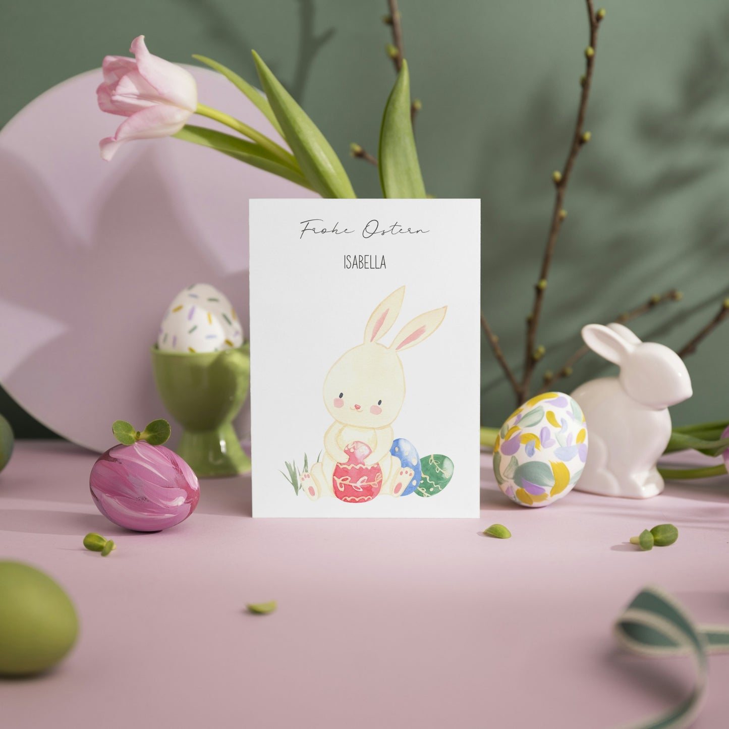 Personalisierte Osterkarte - Hase & Ostereier
