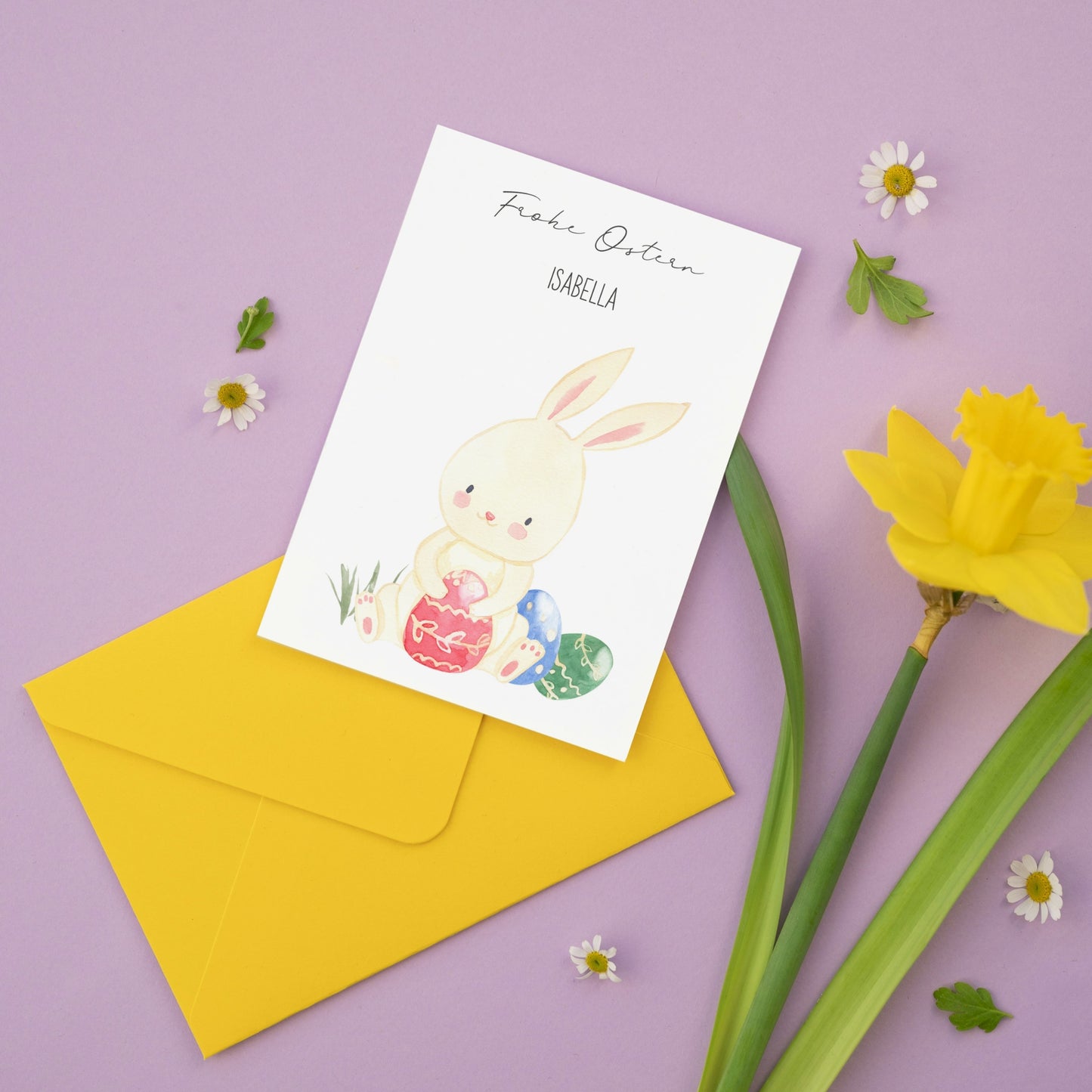 Personalisierte Osterkarte - Hase & Ostereier