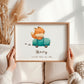 Geburtsposter Fuchs & Rennauto personalisiert A3 & A4 zeigt Aquarellfuchs im Auto, Name Henry und Geburtsdaten. Perfekt für Kinderzimmer-Dekor oder Geschenk.