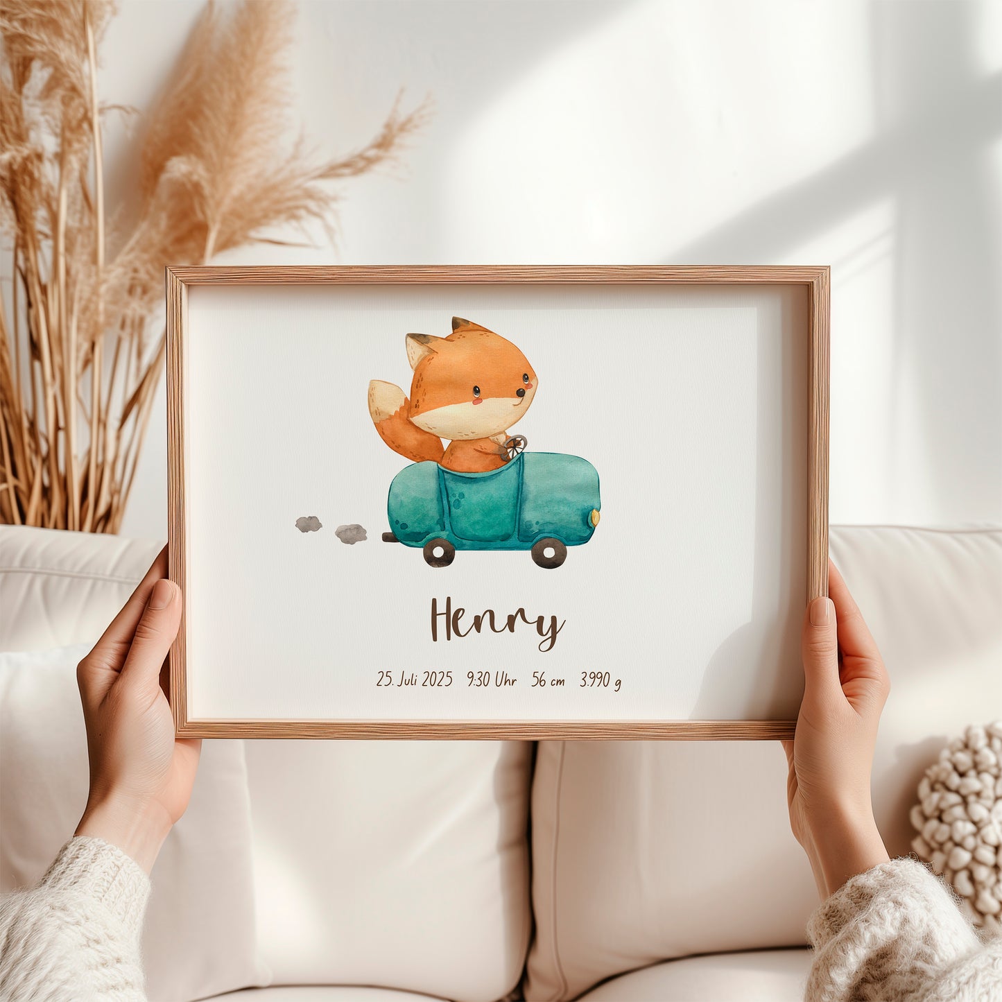Geburtsposter Fuchs & Rennauto personalisiert A3 & A4 zeigt Aquarellfuchs im Auto, Name Henry und Geburtsdaten. Perfekt für Kinderzimmer-Dekor oder Geschenk.