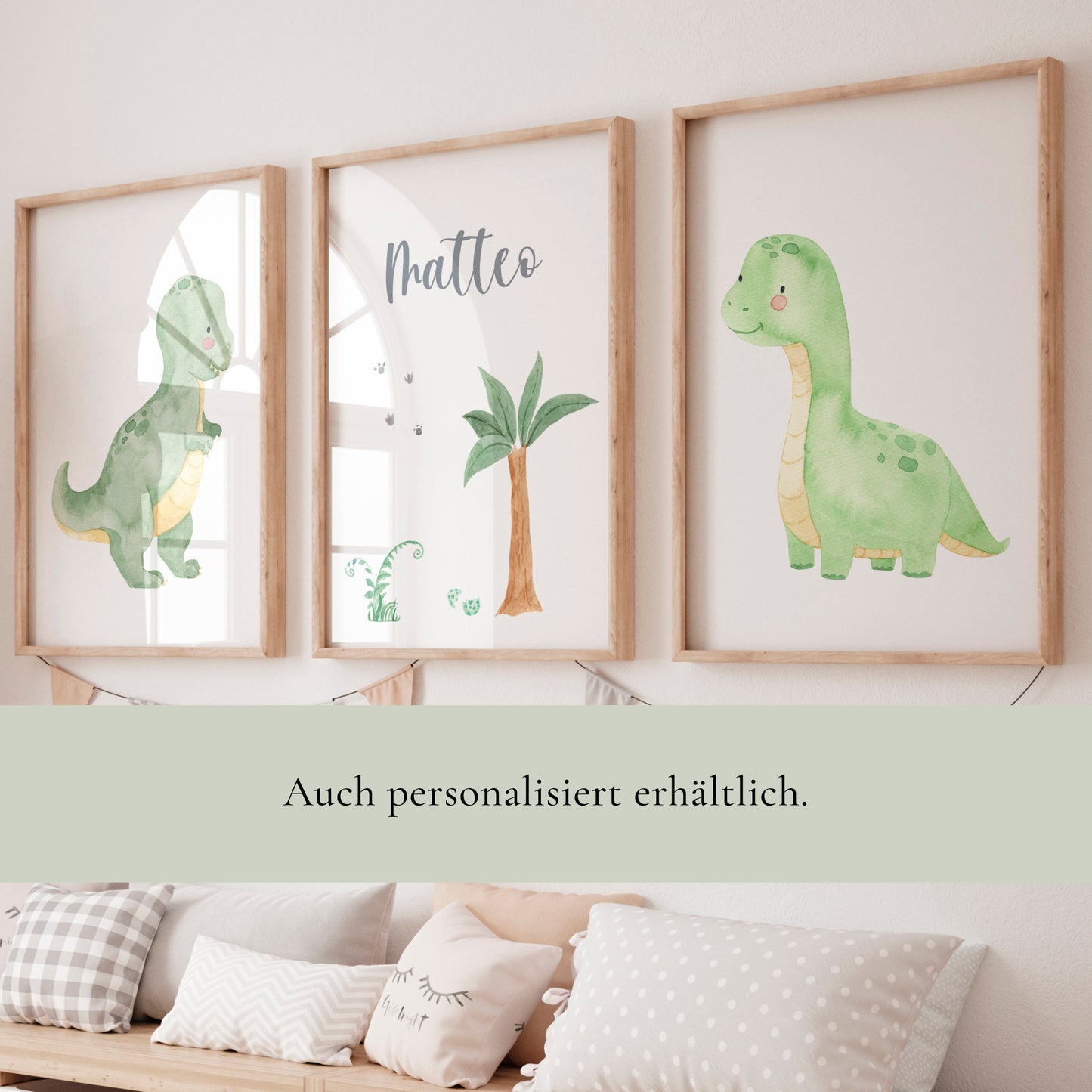 3er Poster Set Dinosaurier  mit Namen personalisiert für Kinderzimmer – Illustration