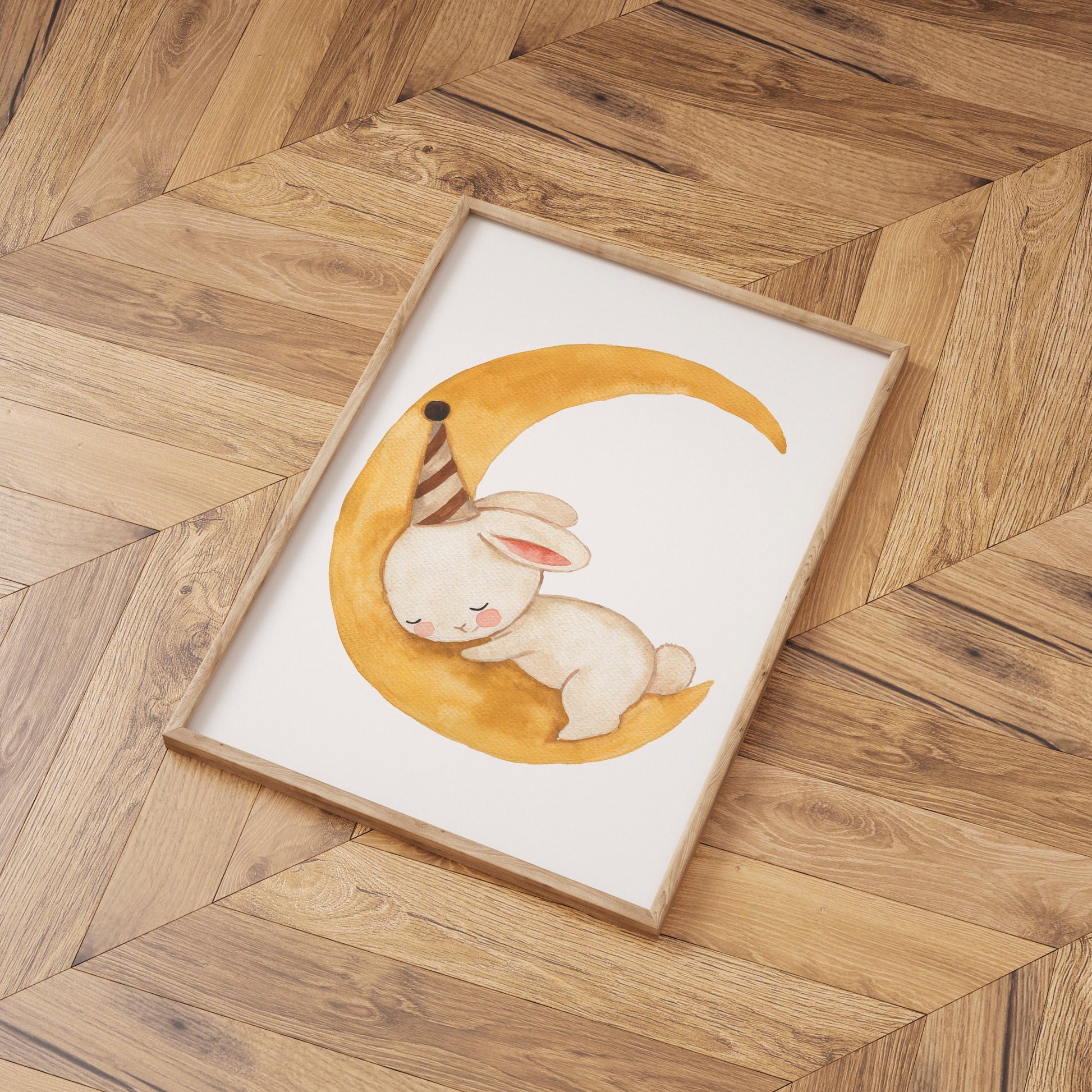 Kinderbild Kinderposter "Hase auf dem Mond", A4 & A3 Poster Kinderzimmer, Kinderbilder Babyzimmer Poster Tiere Wanddekoration, Baby Geschenk