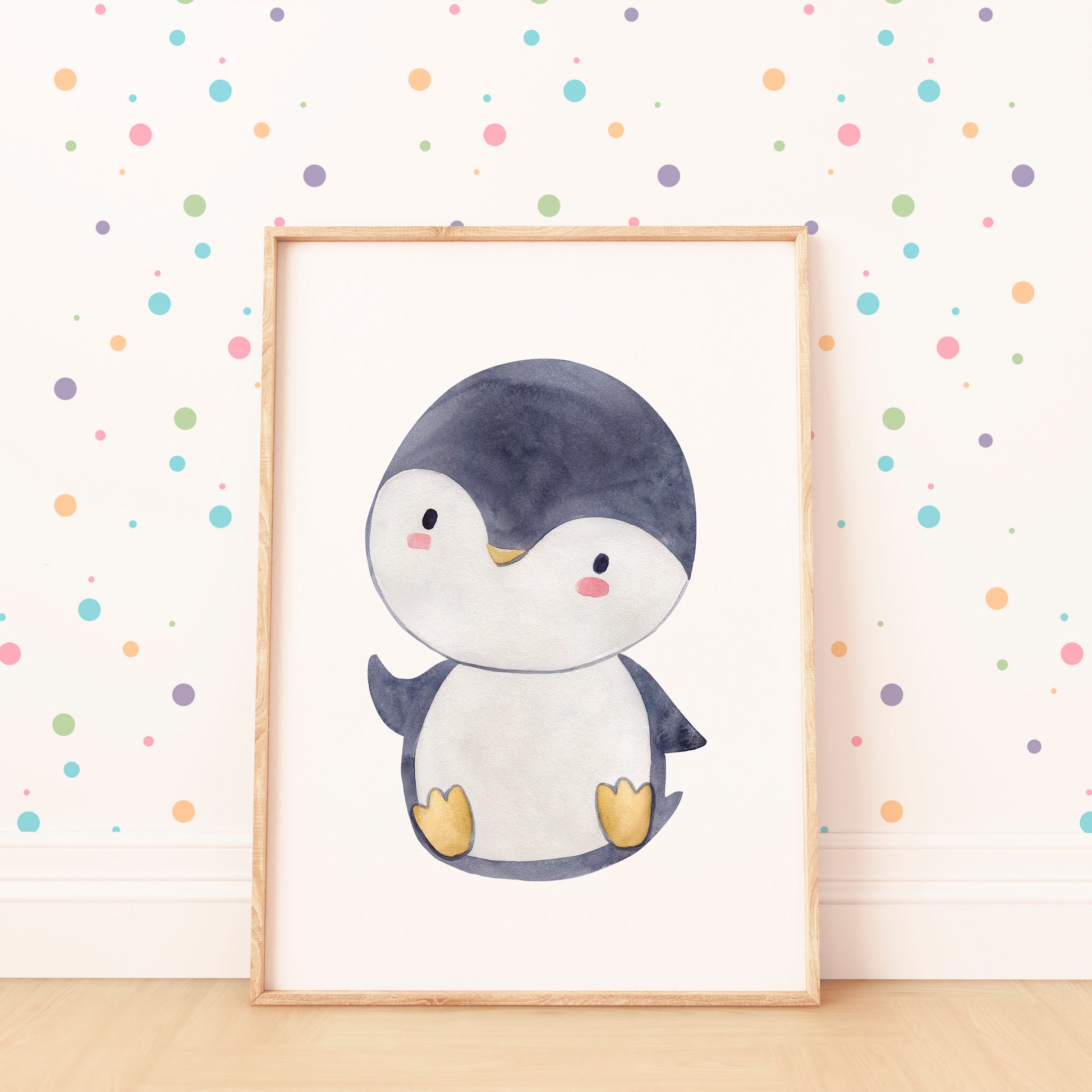 Poster Pinguin A4 & A3: Ein kindgerechtes, niedliches Pinguin-Wasserfarbenbild, ideal für Kinderzimmerdeko. Gedruckt auf hochwertigem, mattem Naturpapier.
