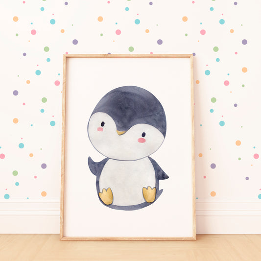 Poster Pinguin A4 & A3: Ein kindgerechtes, niedliches Pinguin-Wasserfarbenbild, ideal für Kinderzimmerdeko. Gedruckt auf hochwertigem, mattem Naturpapier.