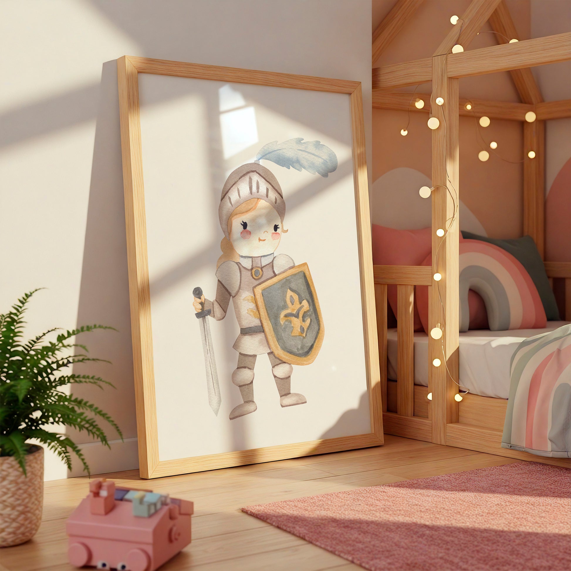 Poster Kinderzimmer Ritterin A3 & A4 in Holzrahmen, zeigt niedliche Ritterin mit Schwert und Schild, perfekt für Mädchenzimmer, dekoriert mit pastellfarbenen Elementen und warmen Lichtern.