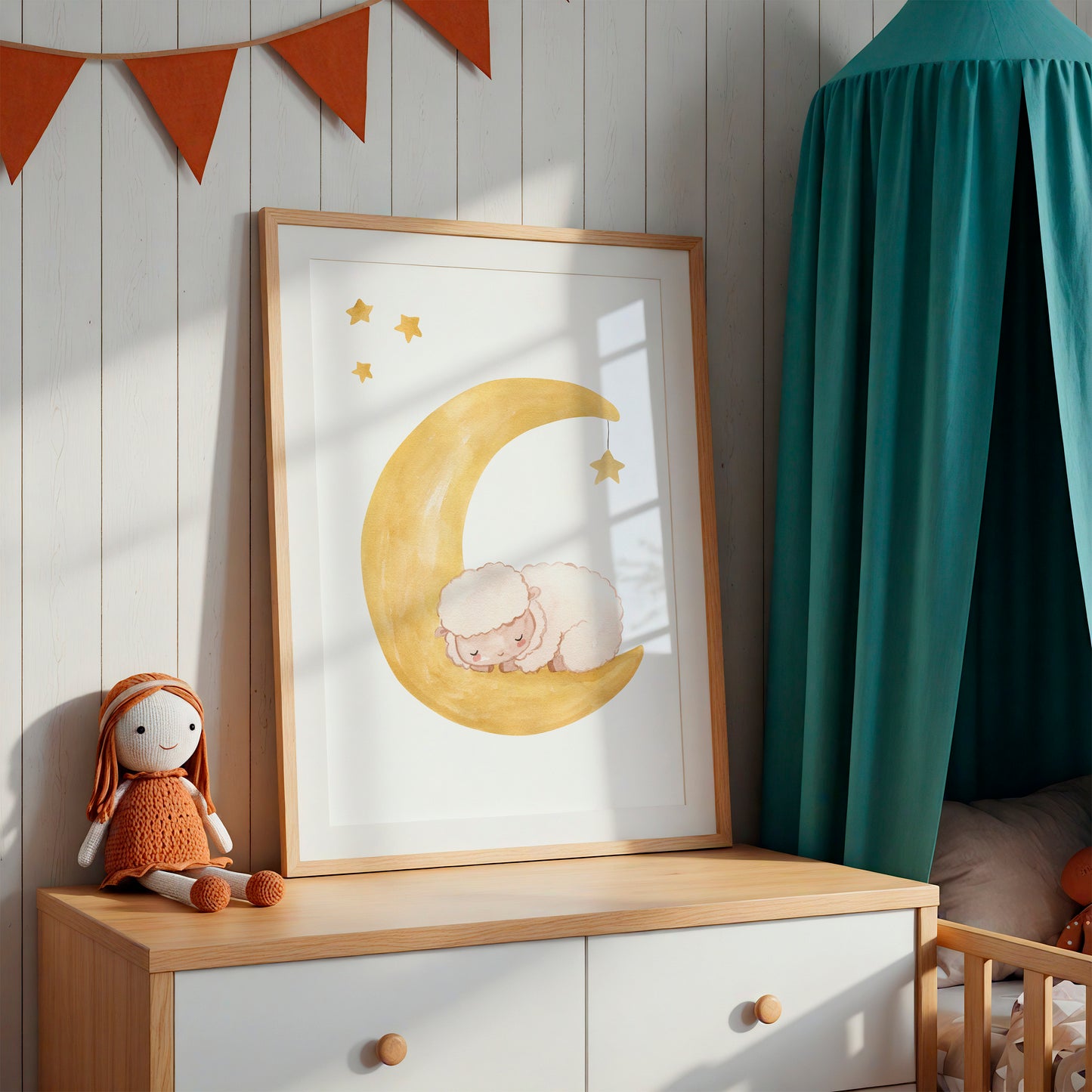 Schlummerndes Schaf auf dem Mond Poster