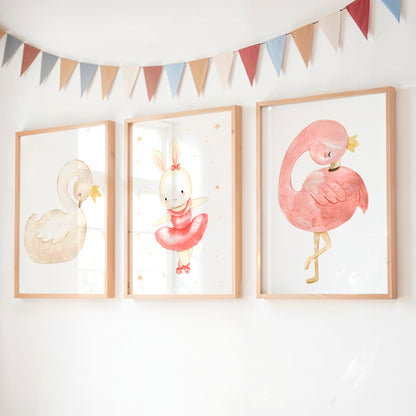 Mädchenträume: Schwan, Ballett Hase & Flamingo – Poster 3er Set
