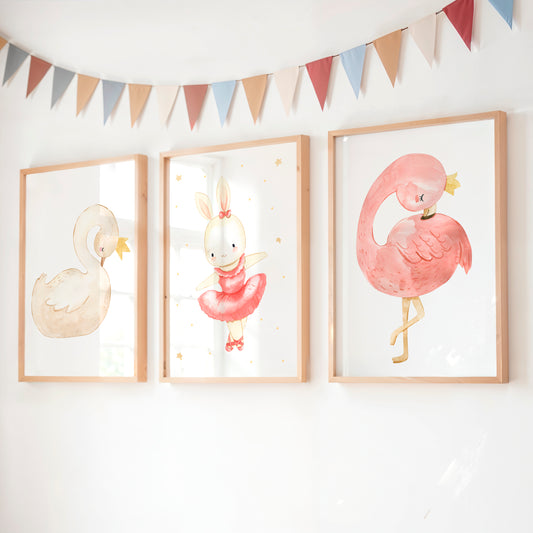 Mädchenträume: Schwan, Ballett Hase & Flamingo – Poster 3er Set