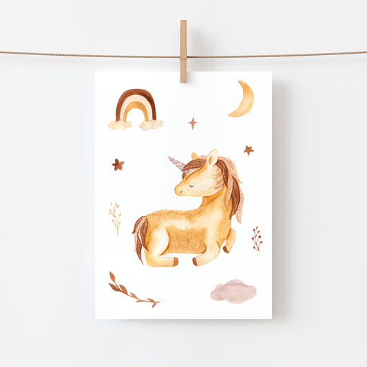 Einhorn-Grußkarte an Wäscheleine, Regenbogen-, Mond- und Wolkenmotiv