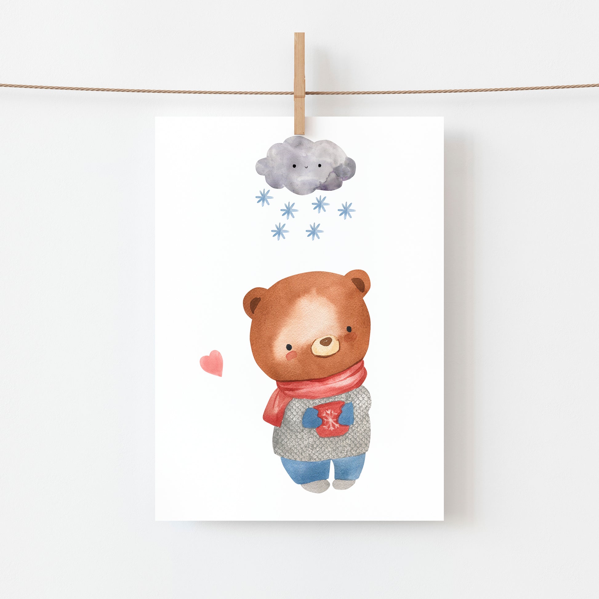 Postkarte Karte Bär im Schnee A6 mit Teddybär-Aquarell, der eine im Schnee. An einer Leine.