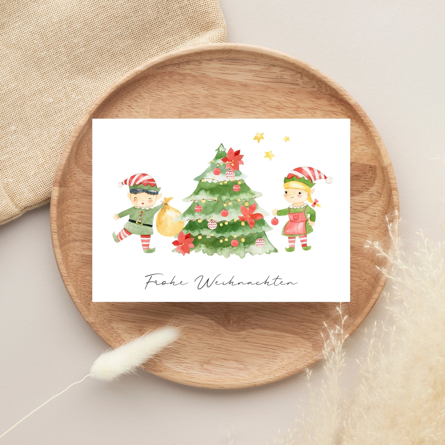 Weihnachtskarte Frohe Weihnachten - Elfen & Weihnachtsbaum