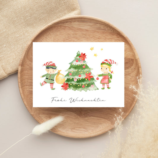Weihnachtskarte Frohe Weihnachten - Elfen & Weihnachtsbaum