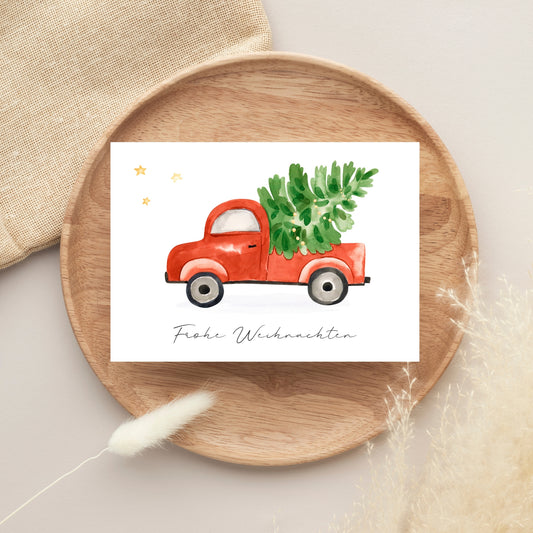 Weihnachtskarte Frohe Weihnachten - Auto & Weihnachtsbaum