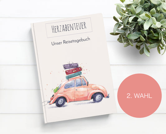 Reisetagebuch für Paare A5 Hardcover Mängelexemplar Honeymoon, mit Cover eines VW Käfers mit Koffern auf dem Dach, ideal zum Planen, Notieren und Erinnerungen sammeln.