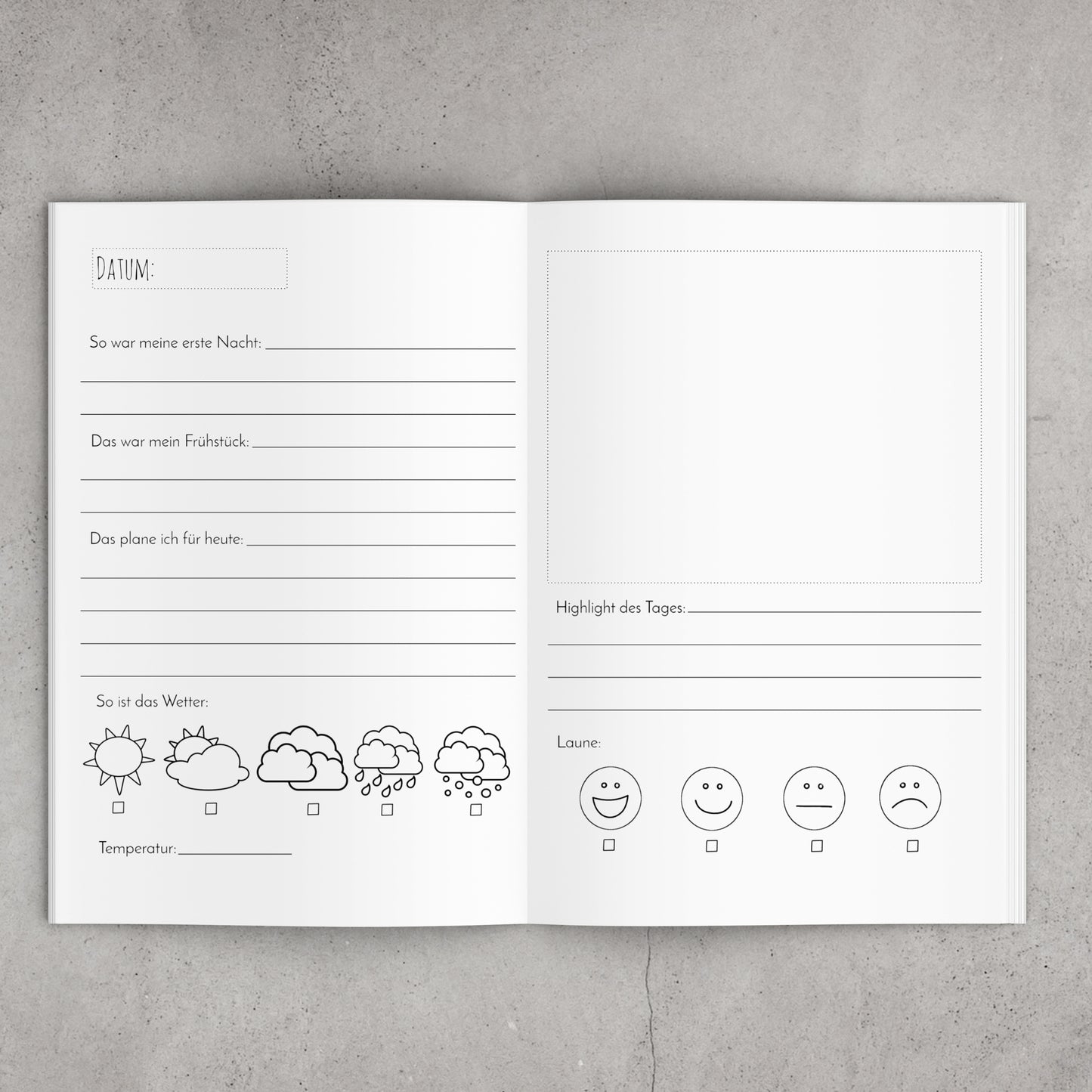 Reisetagebuch A5 Softcover mit bunter Weltkarte. Innenansicht. Ideal zum Planen und Festhalten von Reiseerinnerungen.
