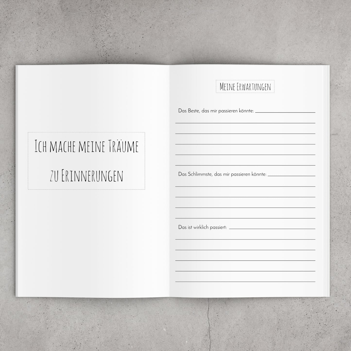 Reisetagebuch A5 Softcover mit bunter Weltkarte. Innenansicht. Ideal zum Planen und Festhalten von Reiseerinnerungen.