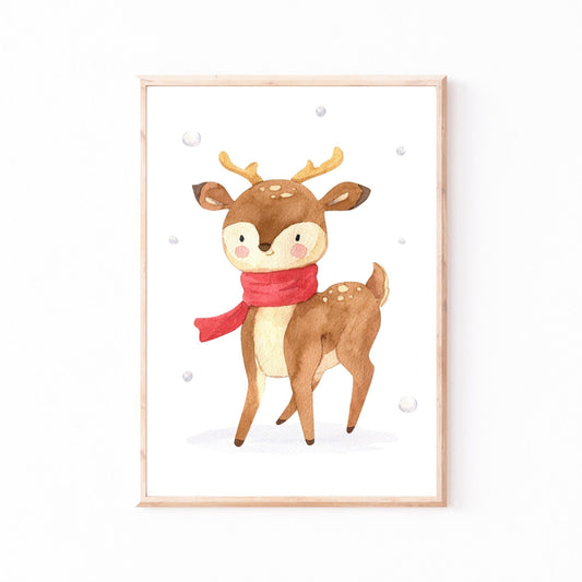 Weihnachtsposter Rentier mit Schal: handgemaltes Rentier im Schnee. Perfekt für Kinderzimmerdeko oder als Weihnachtsdekoration, erhältlich in A3, A4, A5.