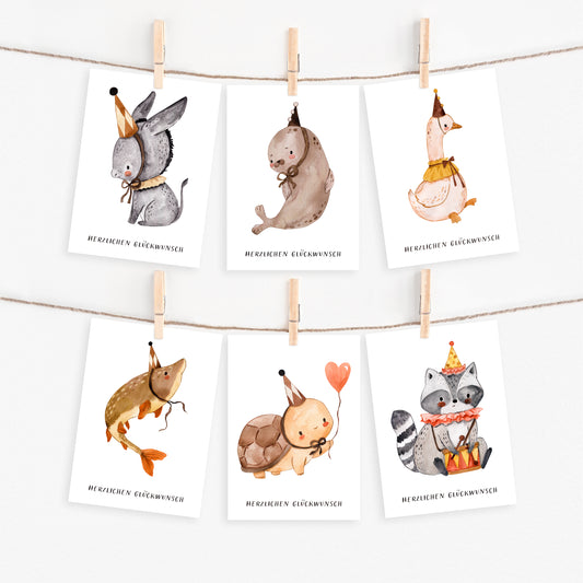 Geburtstagskarten Retro Tiere - 6er Set
